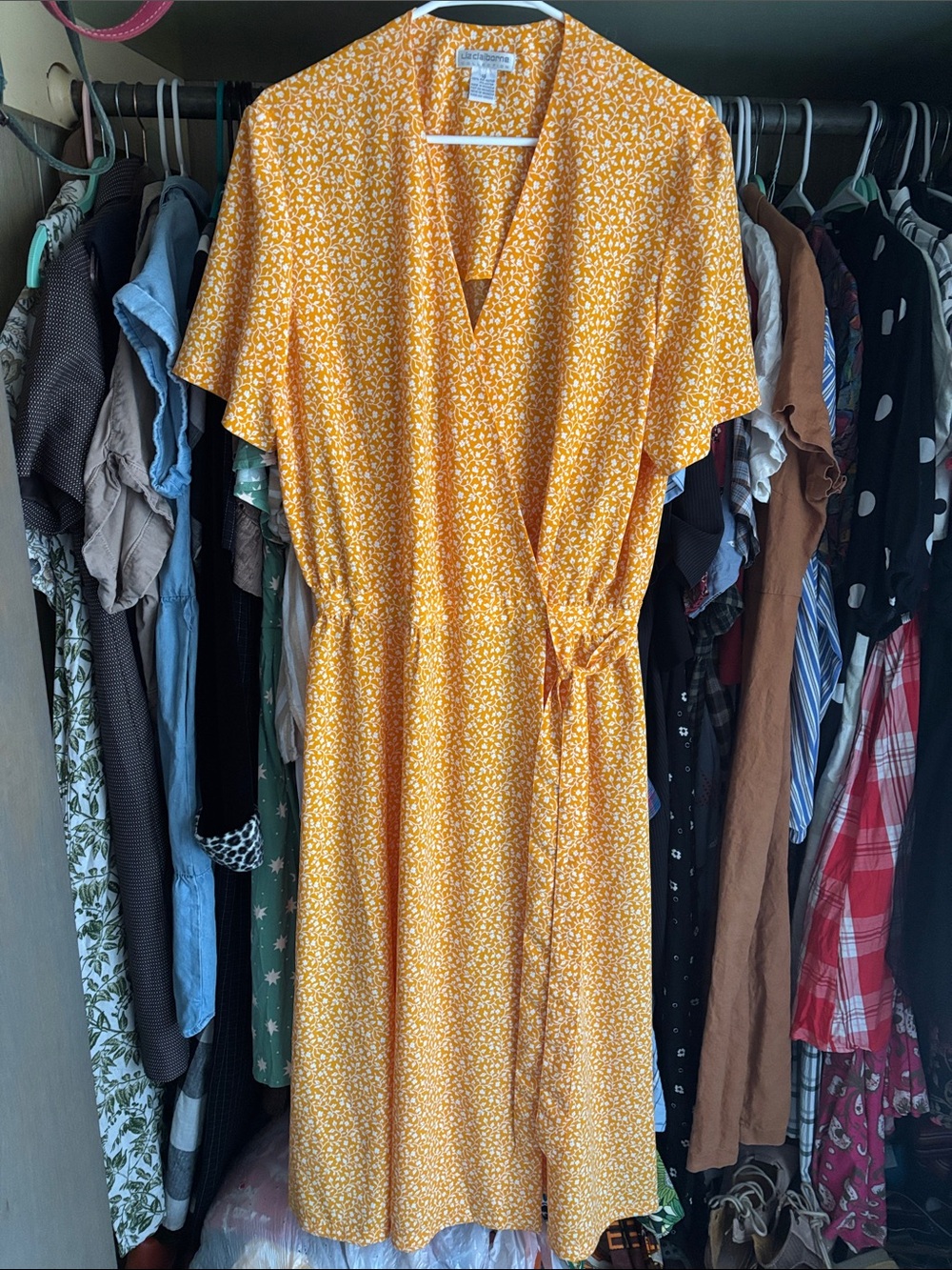 Vintage Liz Claiborne Yellow Floral Wrap Dress 90s Summer